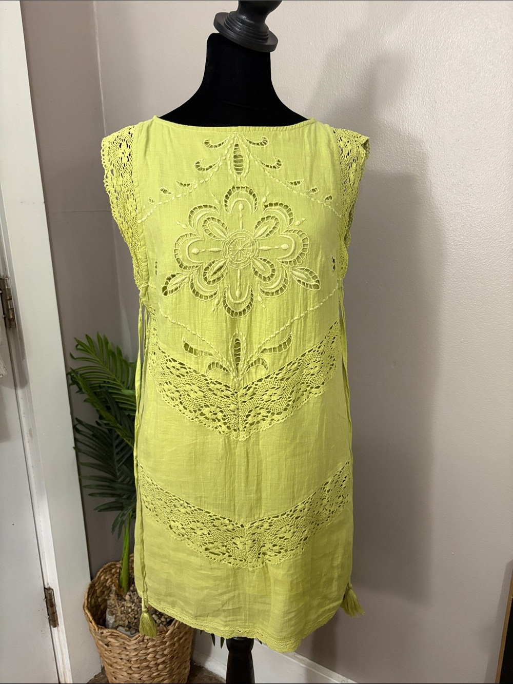 Free People Winifred Mini Dress Lime Green Eyelet Boho Shift XS